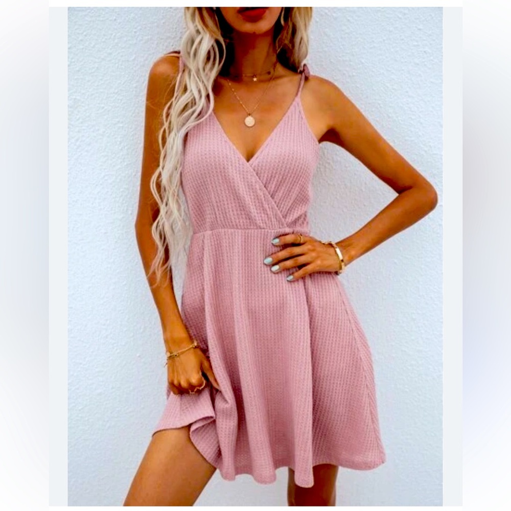 Sexy Ultra Flirty blush pleated  Solid Surplice Front Cami dress with tie